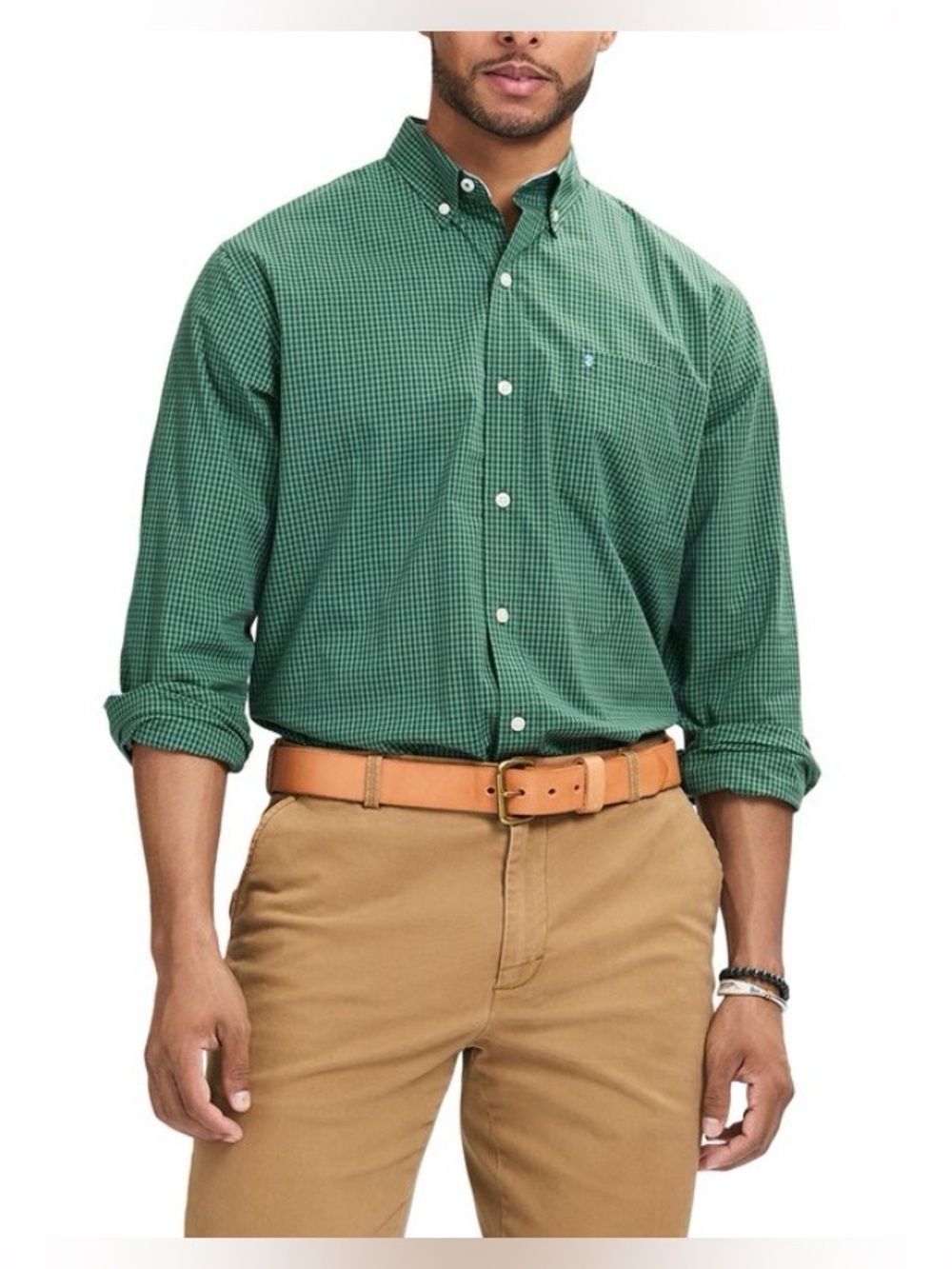 IZOD Men's Long Sleeve Checkered Performance Comfort Woven Shirt Darkest Spruce